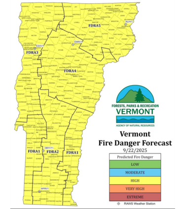 Map shows the Vermont Fire Danger Forecast is at the High Level